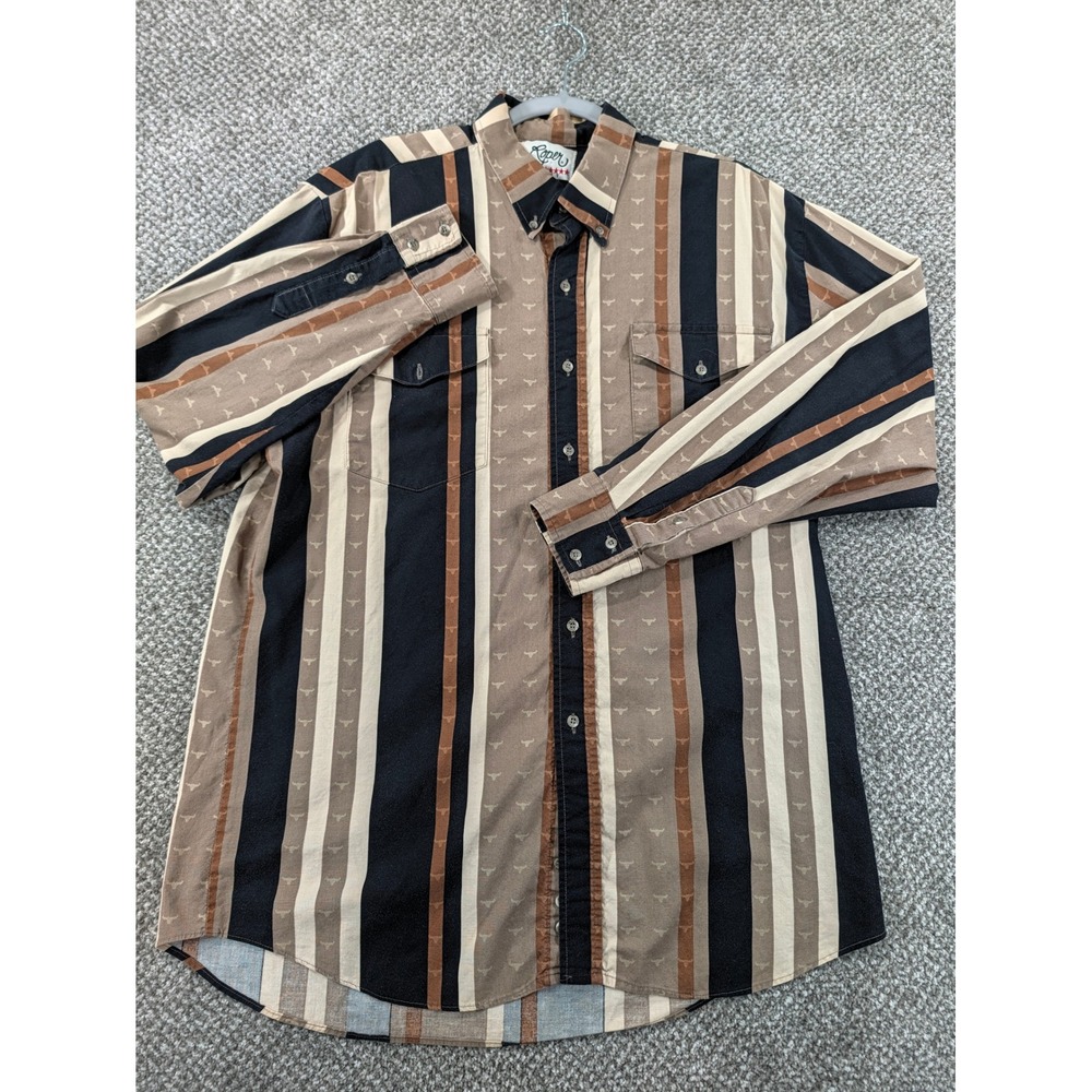 Vintage Roper Sport Mens XL Western Button Down Shirt Striped Steer Head Brown